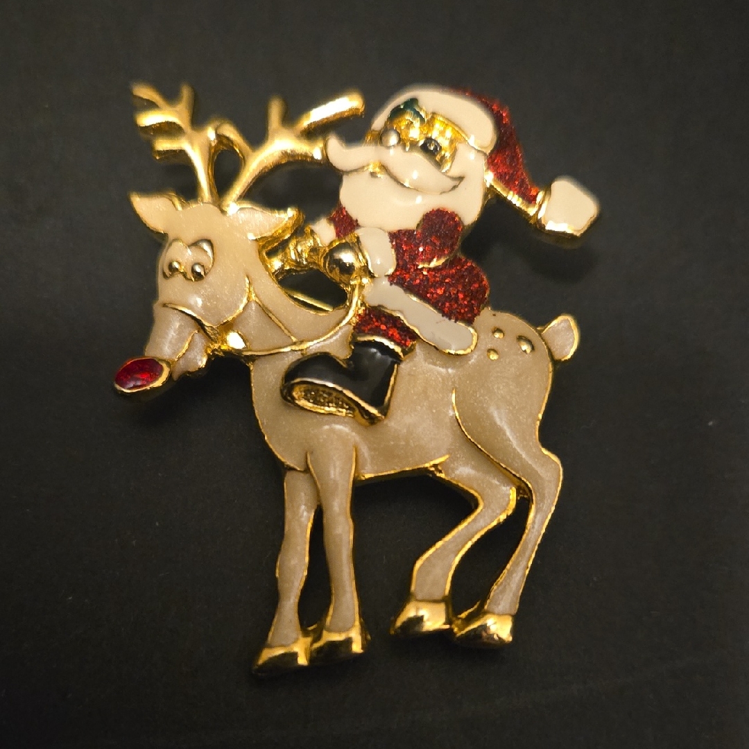 Festive Santa And Reindeer Brooch - Gold And Red Sfj